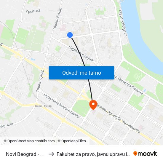 Novi Beograd - Paviljoni to Fakultet za pravo, javnu upravu i bezbednost map