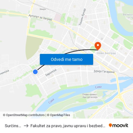 Surčinska to Fakultet za pravo, javnu upravu i bezbednost map