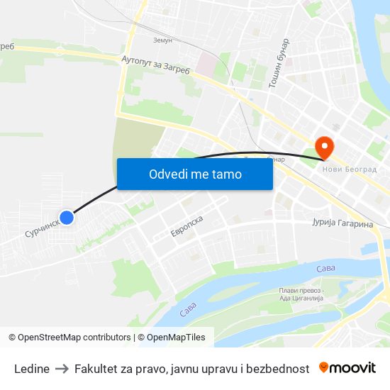 Ledine to Fakultet za pravo, javnu upravu i bezbednost map