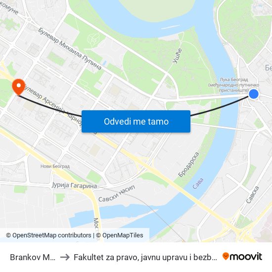 Brankov Most to Fakultet za pravo, javnu upravu i bezbednost map