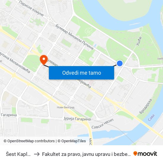 Šest Kaplara to Fakultet za pravo, javnu upravu i bezbednost map