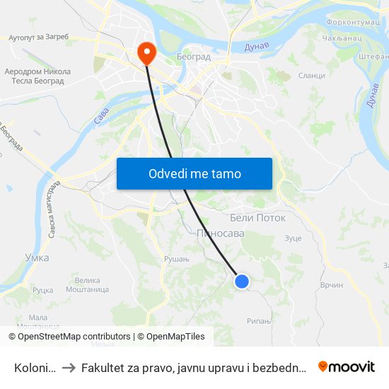 Kolonija to Fakultet za pravo, javnu upravu i bezbednost map