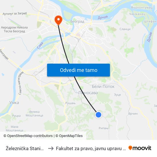 Železnička Stanica Ripanj to Fakultet za pravo, javnu upravu i bezbednost map