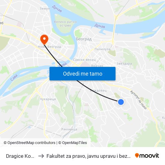 Dragice Končar to Fakultet za pravo, javnu upravu i bezbednost map