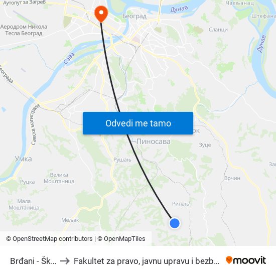 Brđani - Škola to Fakultet za pravo, javnu upravu i bezbednost map