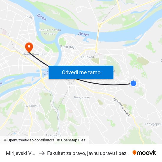 Mirijevski Venac to Fakultet za pravo, javnu upravu i bezbednost map