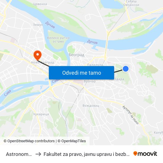 Astronomska to Fakultet za pravo, javnu upravu i bezbednost map