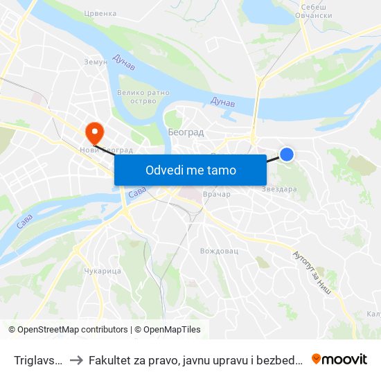 Triglavska to Fakultet za pravo, javnu upravu i bezbednost map