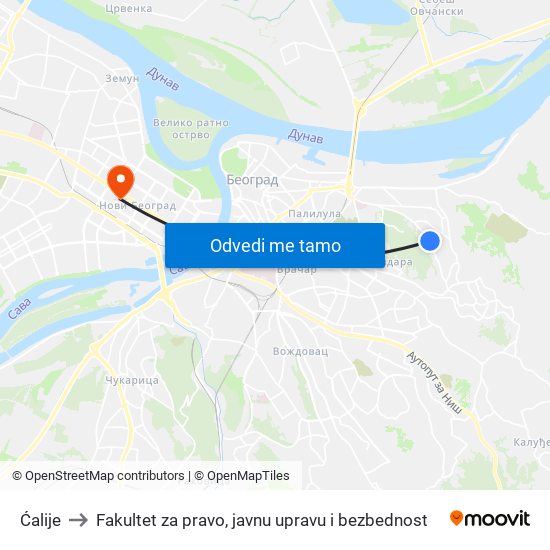 Ćalije to Fakultet za pravo, javnu upravu i bezbednost map