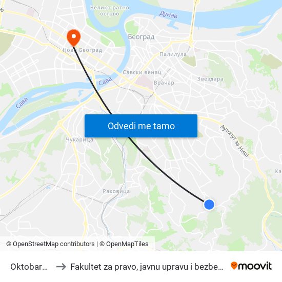 Oktobarska to Fakultet za pravo, javnu upravu i bezbednost map