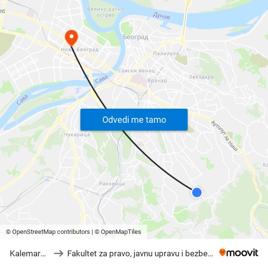 Kalemarska to Fakultet za pravo, javnu upravu i bezbednost map