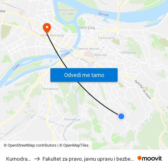 Kumodraž 2 to Fakultet za pravo, javnu upravu i bezbednost map