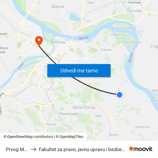 Prvog Maja to Fakultet za pravo, javnu upravu i bezbednost map