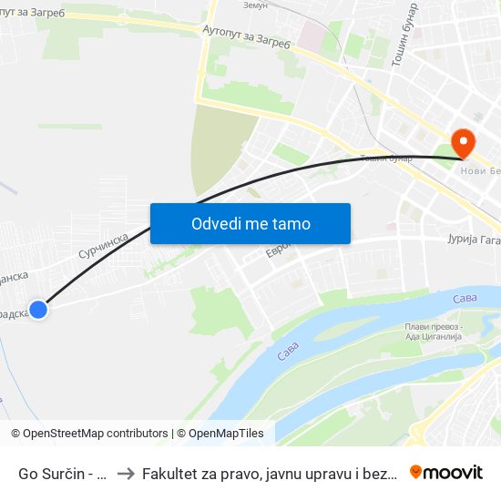 Go Surčin - Ulaz to Fakultet za pravo, javnu upravu i bezbednost map