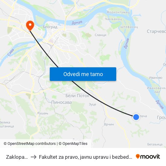 Zaklopača to Fakultet za pravo, javnu upravu i bezbednost map