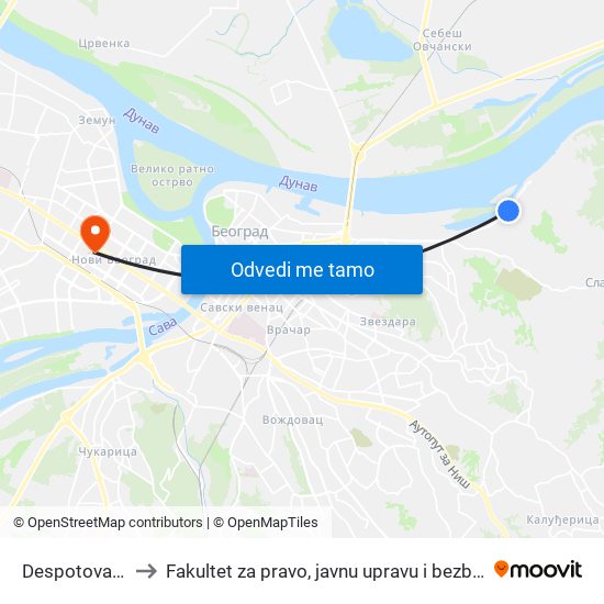 Despotovačka to Fakultet za pravo, javnu upravu i bezbednost map