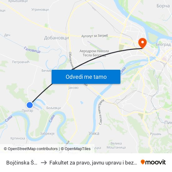 Bojčinska Šuma to Fakultet za pravo, javnu upravu i bezbednost map