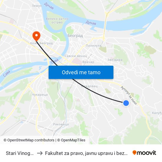 Stari Vinogradi to Fakultet za pravo, javnu upravu i bezbednost map