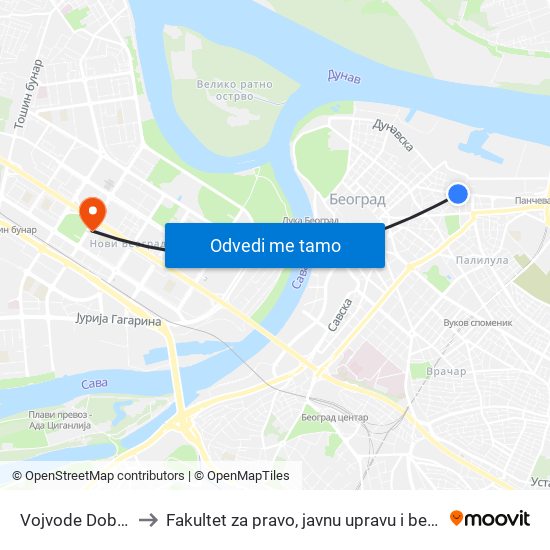 Vojvode Dobrnjca to Fakultet za pravo, javnu upravu i bezbednost map