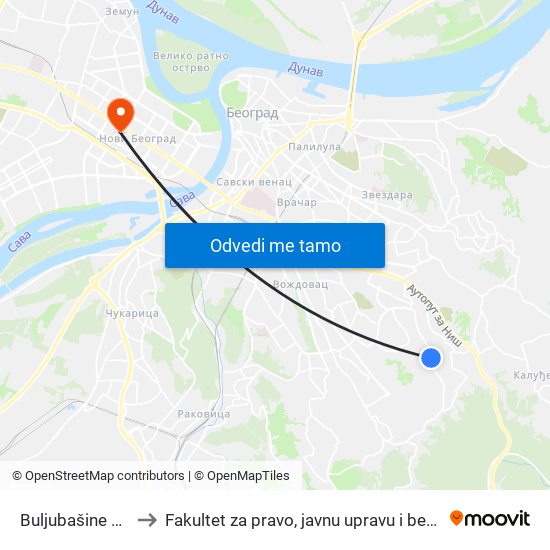 Buljubašine Vode to Fakultet za pravo, javnu upravu i bezbednost map