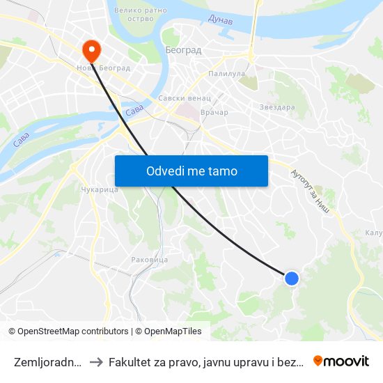 Zemljoradnička to Fakultet za pravo, javnu upravu i bezbednost map