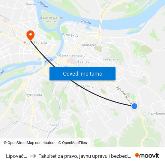 Lipovačka to Fakultet za pravo, javnu upravu i bezbednost map