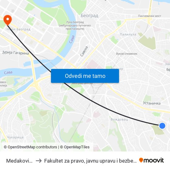 Medaković 2 to Fakultet za pravo, javnu upravu i bezbednost map