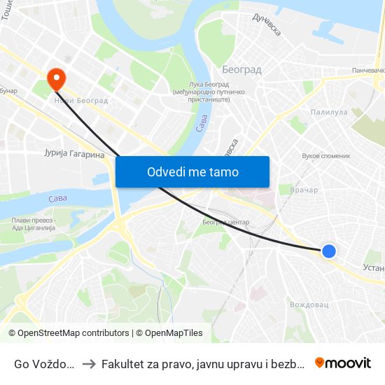 Go Voždovac to Fakultet za pravo, javnu upravu i bezbednost map