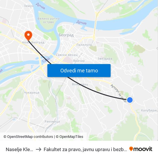 Naselje Klenak to Fakultet za pravo, javnu upravu i bezbednost map