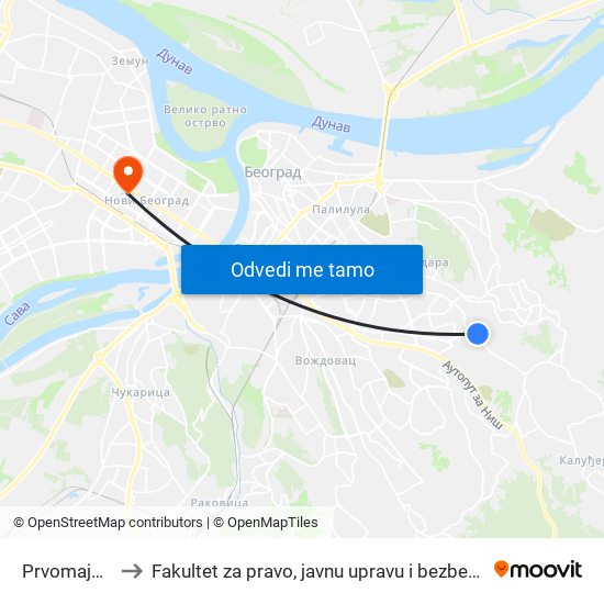 Prvomajska to Fakultet za pravo, javnu upravu i bezbednost map