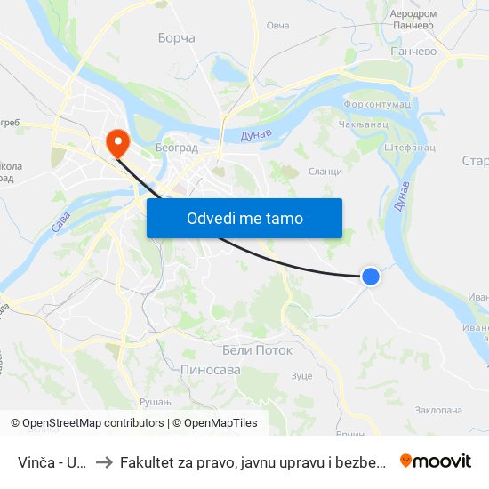 Vinča - Ulaz to Fakultet za pravo, javnu upravu i bezbednost map