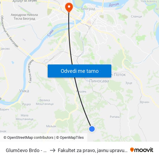 Glumčevo Brdo - Gorčinac to Fakultet za pravo, javnu upravu i bezbednost map