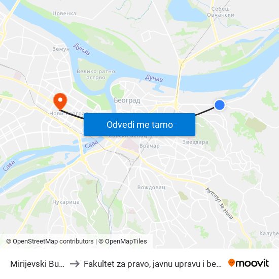 Mirijevski Bulevar to Fakultet za pravo, javnu upravu i bezbednost map