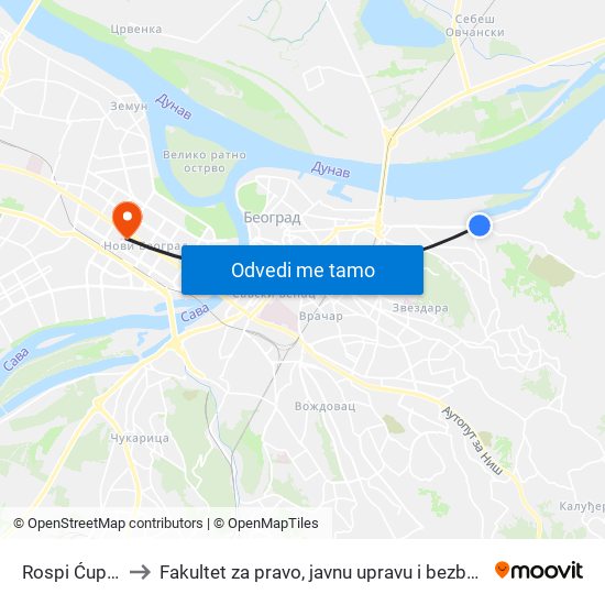 Rospi Ćuprija to Fakultet za pravo, javnu upravu i bezbednost map