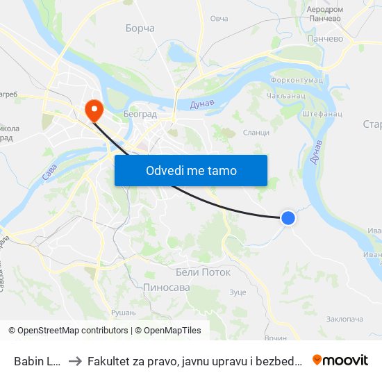 Babin Lug to Fakultet za pravo, javnu upravu i bezbednost map