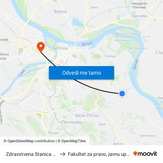 Zdravstvena Stanica Leštane I Vinča to Fakultet za pravo, javnu upravu i bezbednost map