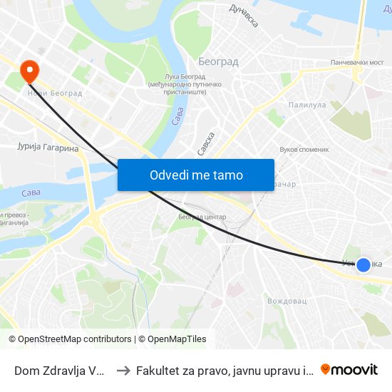 Dom Zdravlja Voždovac to Fakultet za pravo, javnu upravu i bezbednost map