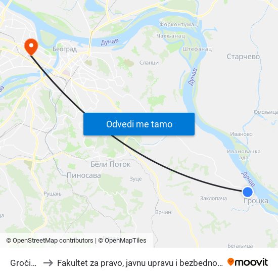 Gročica to Fakultet za pravo, javnu upravu i bezbednost map