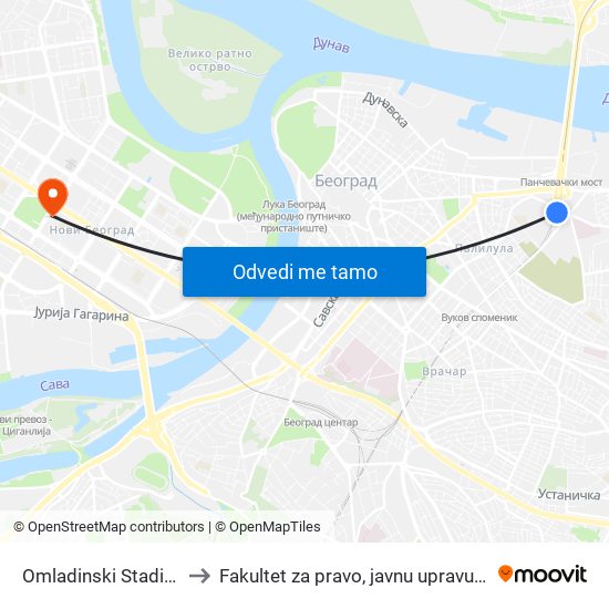 Omladinski Stadion - Izlaz to Fakultet za pravo, javnu upravu i bezbednost map