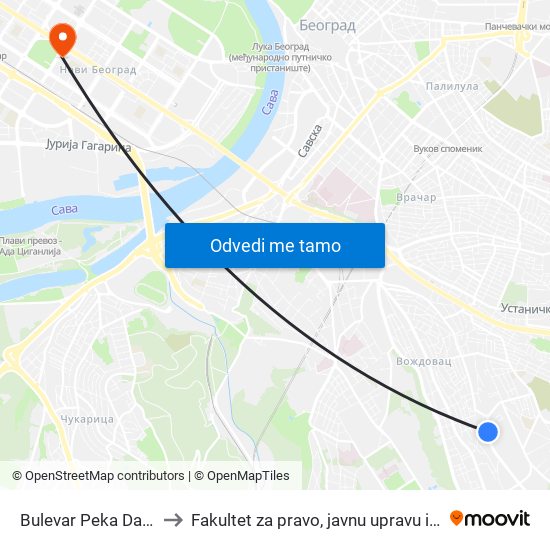 Bulevar Peka Dapčevića to Fakultet za pravo, javnu upravu i bezbednost map