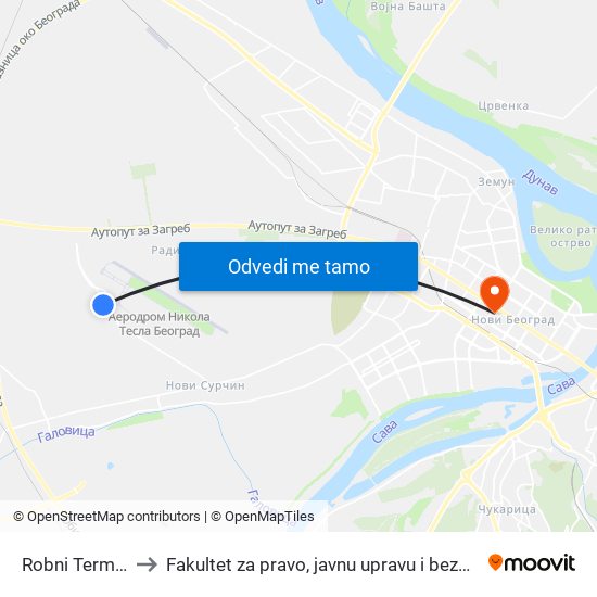 Robni Terminal to Fakultet za pravo, javnu upravu i bezbednost map