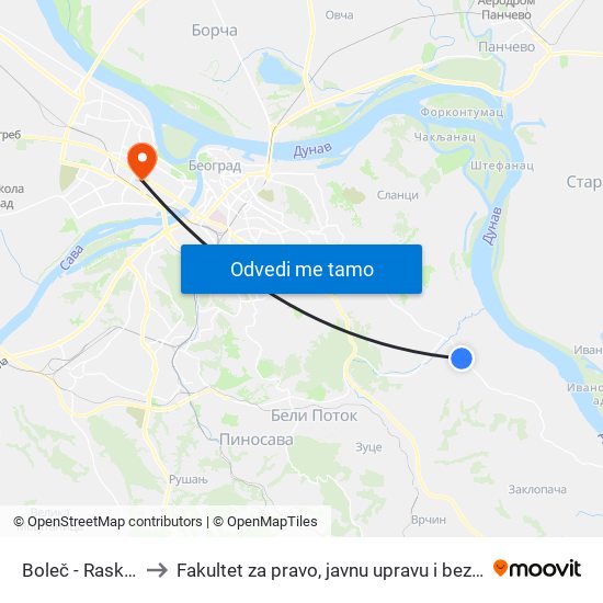 Boleč - Raskršće to Fakultet za pravo, javnu upravu i bezbednost map