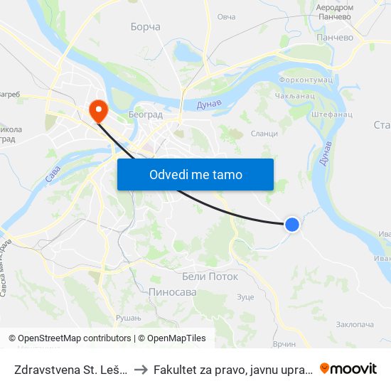 Zdravstvena St. Leštane I Vinča to Fakultet za pravo, javnu upravu i bezbednost map