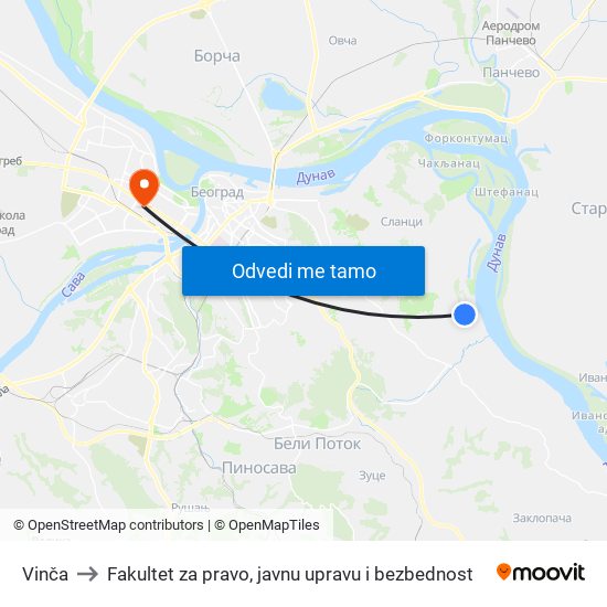 Vinča to Fakultet za pravo, javnu upravu i bezbednost map