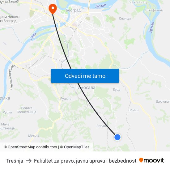 Trešnja to Fakultet za pravo, javnu upravu i bezbednost map