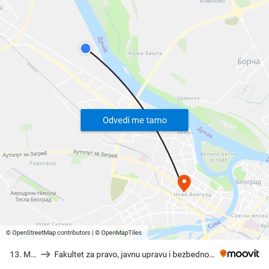 13. Maj to Fakultet za pravo, javnu upravu i bezbednost map