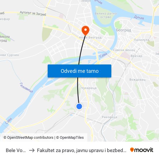 Bele Vode to Fakultet za pravo, javnu upravu i bezbednost map