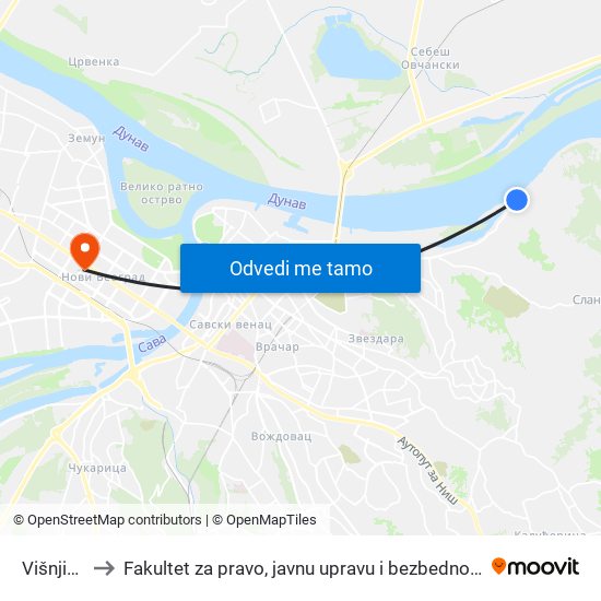 Višnjica to Fakultet za pravo, javnu upravu i bezbednost map