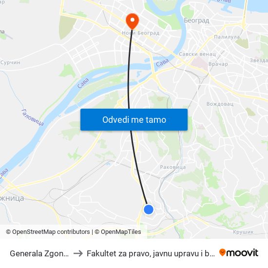 Generala Zgonjanina to Fakultet za pravo, javnu upravu i bezbednost map