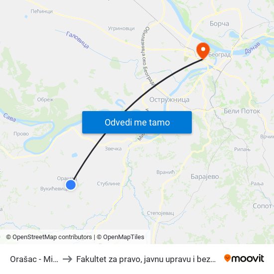 Orašac - Mikići to Fakultet za pravo, javnu upravu i bezbednost map